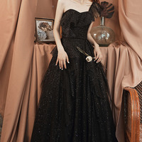 Black tulle sequins long prom dress A line evening dress - Thumbnail 3