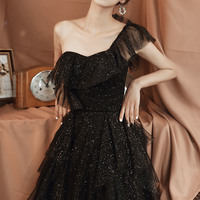 Black tulle sequins long prom dress A line evening dress - Thumbnail 4