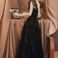 Black tulle sequins long prom dress A line evening dress - Thumbnail 5