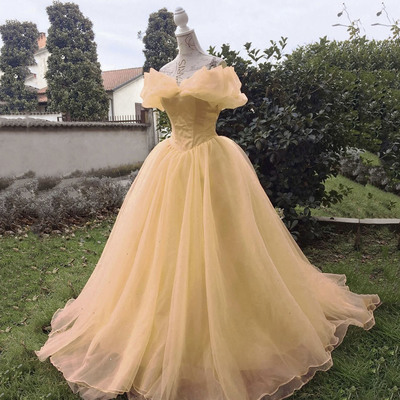Yellow tulle long prom dress a line evening dress - Thumbnail 1