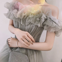 Gray tulle long prom dress A line evening dress - Thumbnail 1