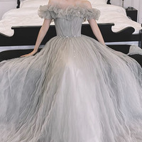 Gray tulle long prom dress A line evening dress - Thumbnail 2