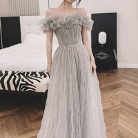 Gray tulle long prom dress A line evening dress - Thumbnail 3