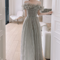 Gray tulle long prom dress A line evening dress - Thumbnail 5