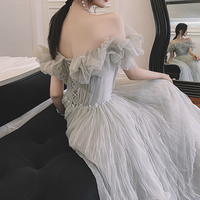 Gray tulle long prom dress A line evening dress - Thumbnail 6