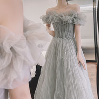 Gray tulle long prom dress A line evening dress - Thumbnail 7