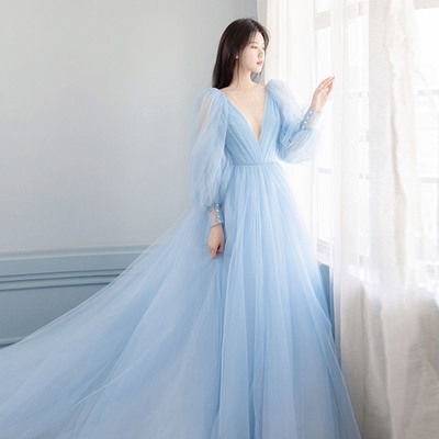 Blue tulle long prom dress a line evening gown - Thumbnail 1