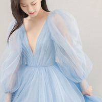 Blue tulle long prom dress A line evening gown - Thumbnail 2