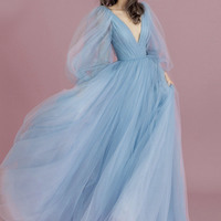 Blue tulle long prom dress A line evening gown - Thumbnail 3