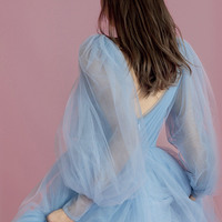 Blue tulle long prom dress A line evening gown - Thumbnail 4