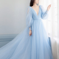Blue tulle long prom dress A line evening gown - Thumbnail 5