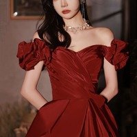 Burgundy satin long prom dress A line evening dress - Thumbnail 2