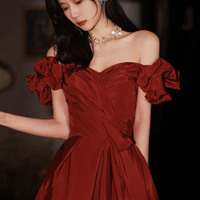 Burgundy satin long prom dress A line evening dress - Thumbnail 3