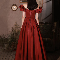 Burgundy satin long prom dress A line evening dress - Thumbnail 5