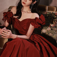 Burgundy satin long prom dress A line evening dress - Thumbnail 6