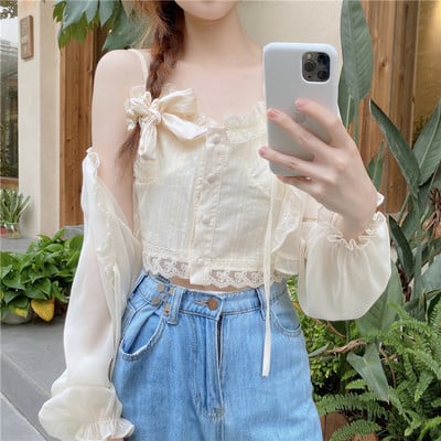 Soft Spring Summer Fairy Transparent White Cream Cardigan & Matching Camisole Tank Tops