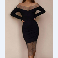 V-Neck Casual Long Sleeve Hot Diamond Dress - Thumbnail 1
