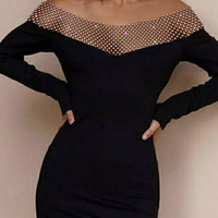 V-Neck Casual Long Sleeve Hot Diamond Dress - Thumbnail 2