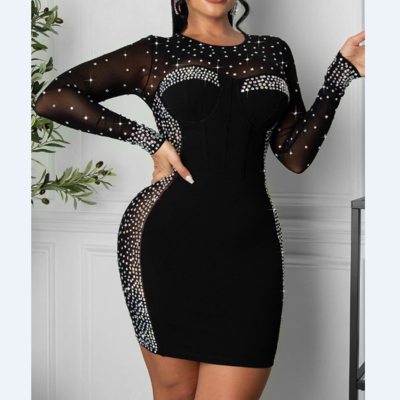 Black splicing mesh hot drill sexy dress