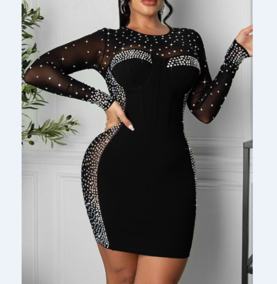 Black Splicing Mesh Hot Drill Sexy Dress