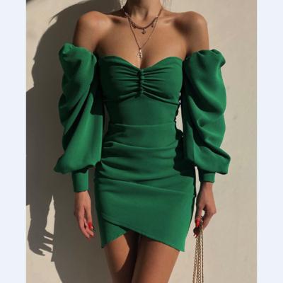 Green puff sleeve skinny long sleeve wrap dress