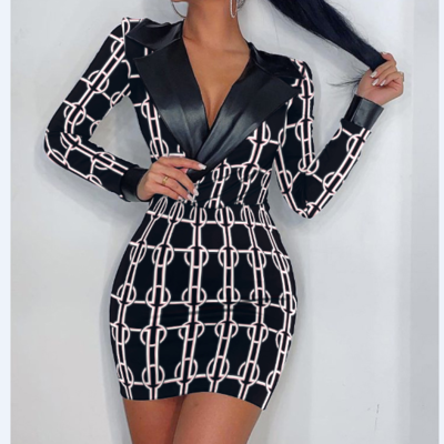 Long sleeve casual printed lapel body dress