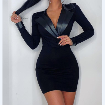 V-Neck Black Slim Long Sleeve Dress