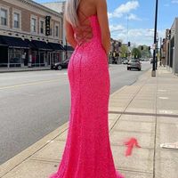 Sparkly Mermaid Scoop Neck Hot Pink Sequins Long Prom Dresses with Cross Back - Thumbnail 1