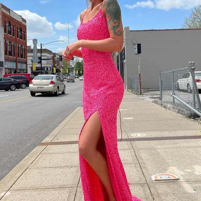Sparkly mermaid scoop neck hot pink sequins long prom dresses with cross back