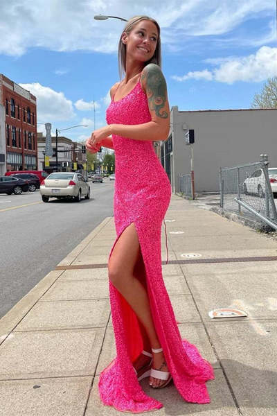 Sparkly Mermaid Scoop Neck Hot Pink Sequins Long Prom Dresses with Cross Back