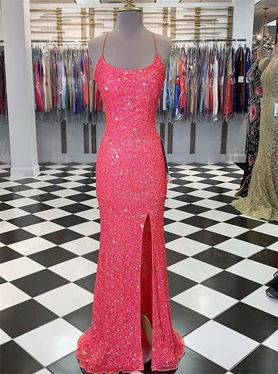 Charming Mermaid Scoop Neck Coral Sequins Long Prom Dresses Evening Party Dresses