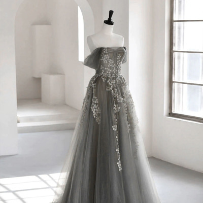 Gray tulle lace long prom dress a line evening dress - Thumbnail 3