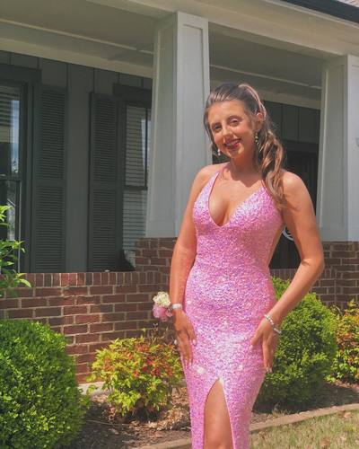 Pink Sequins Mermaid Prom Dresses Long Evening Party Dresses with Slit