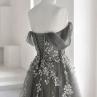 Gray tulle lace long prom dress A line evening dress - Thumbnail 2