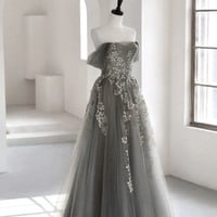 Gray tulle lace long prom dress A line evening dress - Thumbnail 3