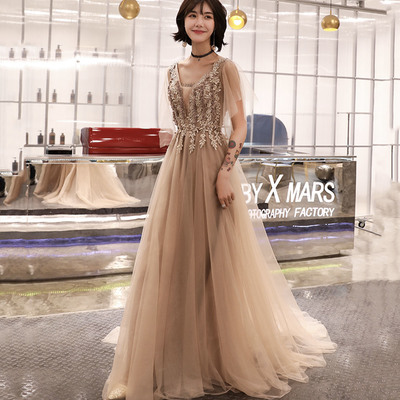 Cute tulle lace long prom dress a line evening dress - Thumbnail 1