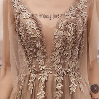 Cute tulle lace long prom dress A line evening dress - Thumbnail 1