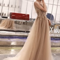 Cute tulle lace long prom dress A line evening dress - Thumbnail 4