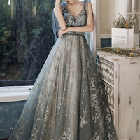 Gray tulle sequins long prom dress A line evening dress - Thumbnail 2