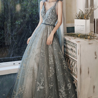 Gray tulle sequins long prom dress A line evening dress - Thumbnail 6