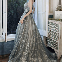 Gray tulle sequins long prom dress A line evening dress - Thumbnail 3