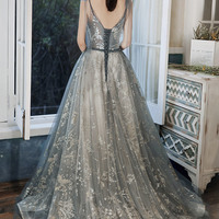 Gray tulle sequins long prom dress A line evening dress - Thumbnail 5