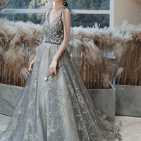 Gray tulle sequins long prom dress A line evening dress - Thumbnail 4