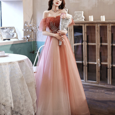 Burgundy tulle sequins long prom dress a line evening dress - Thumbnail 3