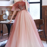 Burgundy tulle sequins long prom dress A line evening dress - Thumbnail 1