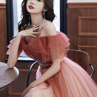 Burgundy tulle sequins long prom dress A line evening dress - Thumbnail 2