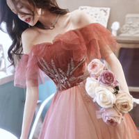 Burgundy tulle sequins long prom dress A line evening dress - Thumbnail 3