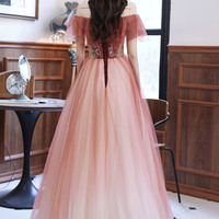 Burgundy tulle sequins long prom dress A line evening dress - Thumbnail 5