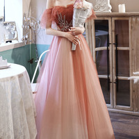 Burgundy tulle sequins long prom dress A line evening dress - Thumbnail 6