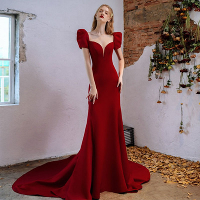 Red satin long prom dress mermaid evening dress - Thumbnail 1